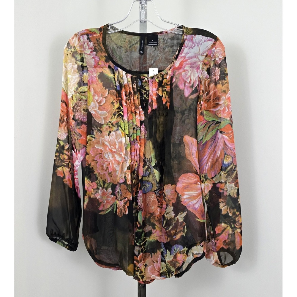 New Directions Pleated Front Floral Print Long Sleeve Sheer Top Multicolor S